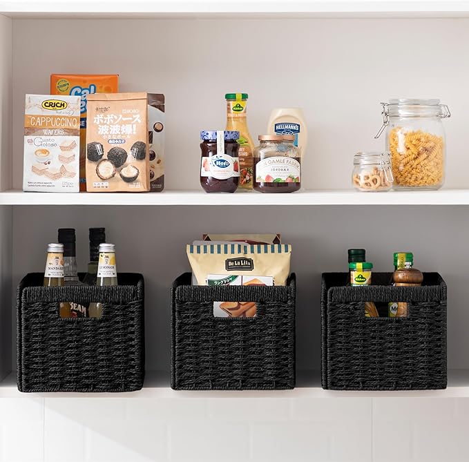 joybest Black Wicker Storage Baskets, Hand-Woven Paper Rope Wicker Baskets for Organizing, Foldable Rectangular Storage Organizer Bins for Shelves with Built-in Handles 13.4L x 8.3W x 7.1H Set of 3