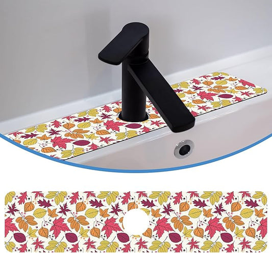 Faucet Mat Splash Guard Autumn Colorful Leave, Soft Diatom Mud Material, Strong Water Absorption, Non-slip,Easy to Clean for Bathroom, Kitchen 23.5"X5.5"