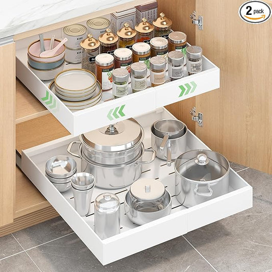 Expandable Pull-Out Cabinet Organizer - White, 16.54" D x Adjustable Width 12.6-20.47", No Drill Adhesive Installation with 3-Slide Rails for Kitchen Storage (2 Pack)