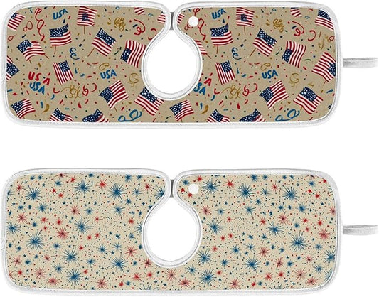 2 PCS Kitchen Sink Splash Guard 14.9 Inch Faucet Mat for Kitchen Sink Bathroom Sink Faucet Absorbing Drip Drain Mat Pad Microfiber Soft Washable Beige Patriotic Flags Fireworks