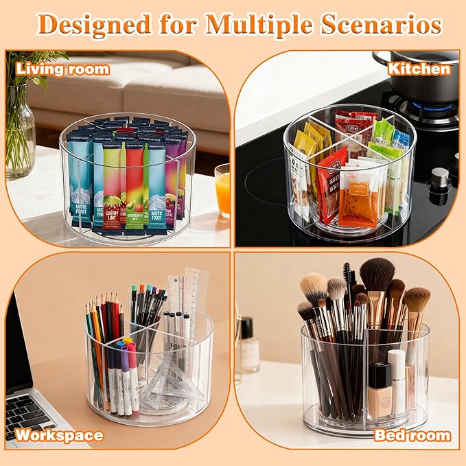 Drink Packet Organizer with 4 Dividers, 360° Rotating Clear Acrylic Lazy Susan for Powdered Drink Mixes, Coffee Pods & Kitchen Pantry Organization