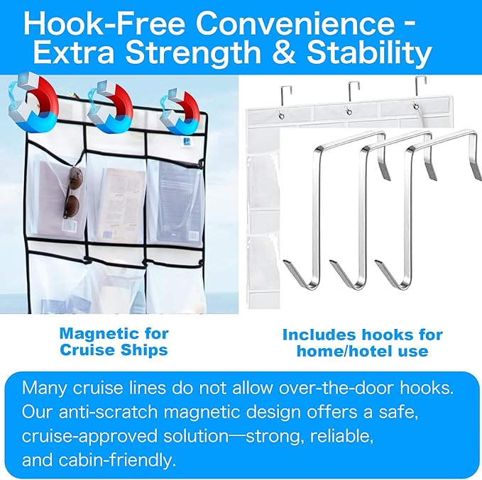 Magnetic Door Organizer with Hooks, 24 Mesh Pockets, Over Door Storage Solution, White, 60x24 Inch, Magnetic Shoe Rack Holder for Cruise Ship Cabins