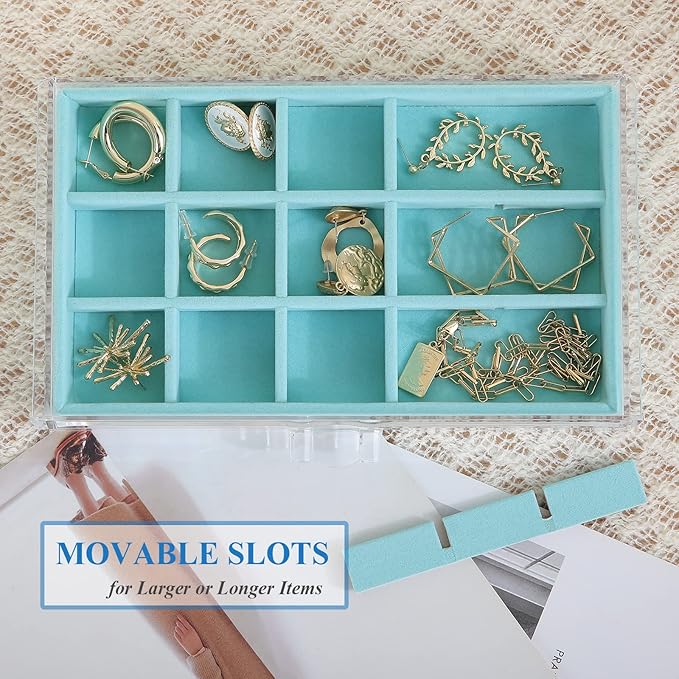 misaya Earring Jewelry Organizer, 5 Drawers Clear Acrylic Jewelry Box for Women, Velvet Earring Display Holder for Earrings Ring Bracelet Necklace, Birthday Present, Turquoise
