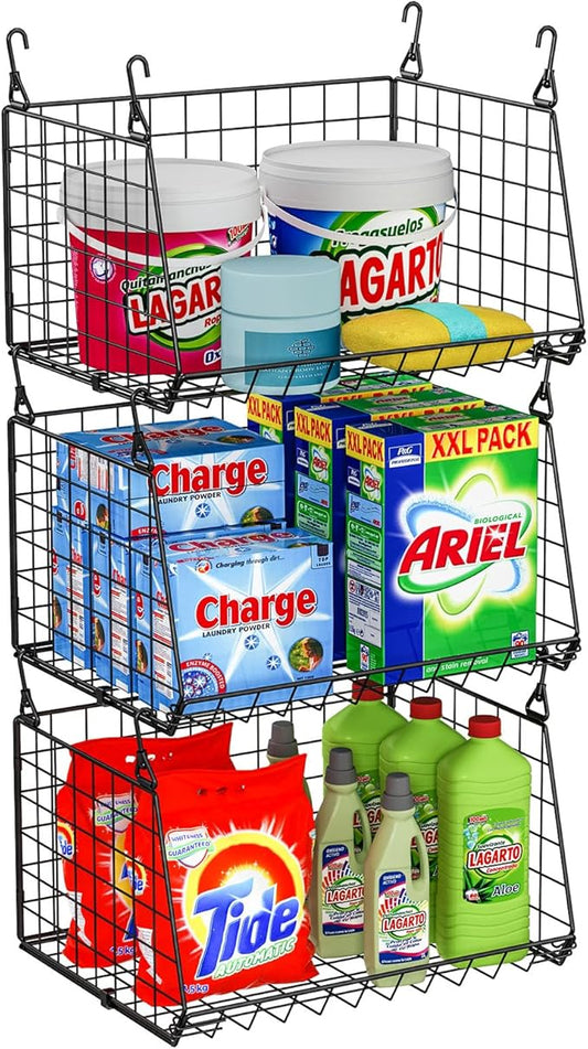 3-Pack Hanging Laundry Room Organizaton：Foldable Laundry Basket Wire Basket with 360°Rotating Hooks Small Space Organization Over Washer and Dryer Shelves - Hanging Closet Organizer, Black Patent