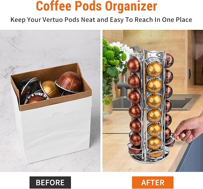 35 Coffee Pods Holder - Silver - 360° Spinning Coffee Pod Carousel Stand | Holds 35 Capsules | Compact Countertop Organizer with Silent Rotation, Durable & Modern