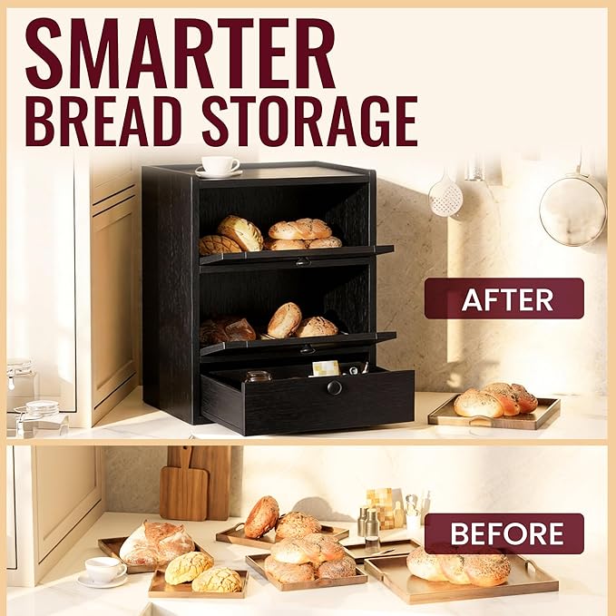 Bread Box for Kitchen Countertop, 3 Layer Farmhouse Countertop Bread Storage with Magnetic Closure Window Bread Storage Container Bin for Kitchen, Pantry (Black)