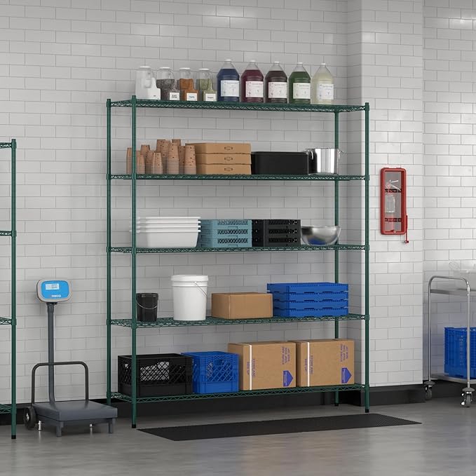 Commercial NSF Listed Green Epoxy Stationary Wire Shelving Kit 18" x 72" x 86", with 5 Shelves Perfect for Warehouse, Walk-in Refrigerator, Freezer, Grocery Store, Restaurant, Dishroom