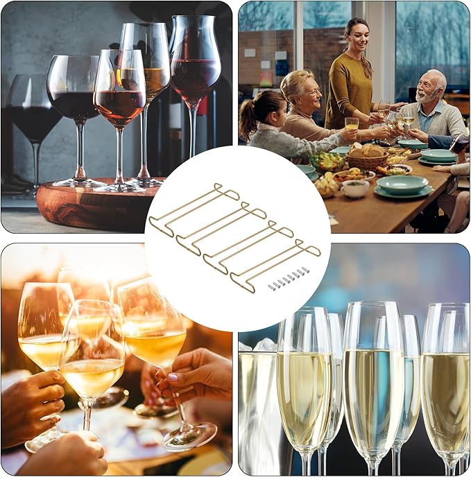 uxcell Wine Glass Rack Under Cabinet, 4Pcs 10-Inch Stemware Wine Glass Hanging Rack Stainless Steel Wine Glass Organizer Storage Hanger for 5mm Stemware Column, Gold