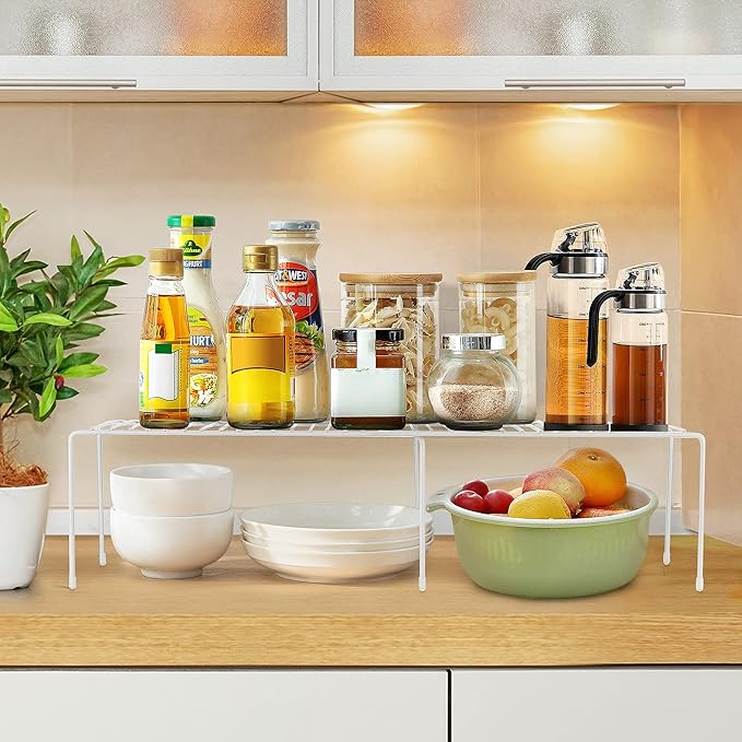Ravinte 2 Pack Freezer Shelf Organizer, Expandable Cabinet Storage Shelf with Rustproof Metal Wire, Adjustable Kitchen Cabinet Organizer Spice Rack for Frige, Pantry, Cupboard, Countertop - White