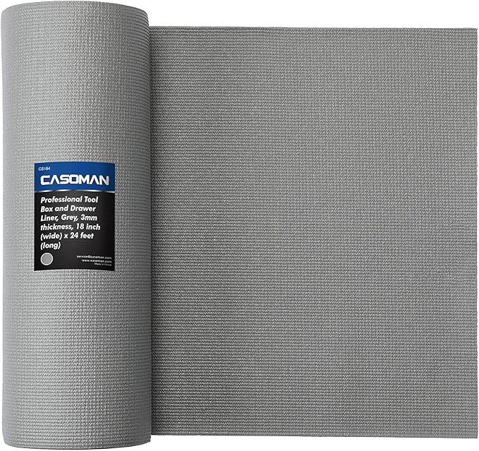 CASOMAN Professional Tool Box and Drawer Liner, Grey, Easy Cut Non-Slip Foam Rubber Toolbox Drawer Liner Mat - Adjustable Thick Cabinet Liners, 17⅜ inch (Wide) X 24feet (Long)