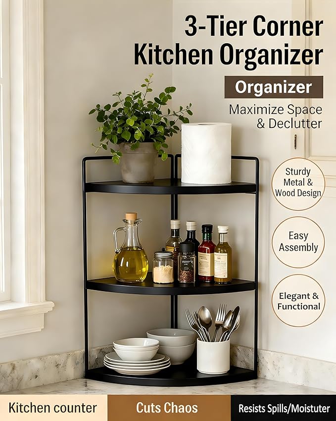 Corner Bathroom Countertop Organizer, 3-Tier Rustic Wood Corner Shelf with Sturdy Metal Frame, Waterproof Vanity Storage for Cosmetics & Toiletries, Space Saving Rack for Kitchen, Black
