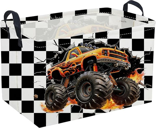 Sanjiaofeng Rectangular Monster Truck Basket for Kids,Baby Storage Bins with Handles for Car Decor,Racing Storage Bin,Cute Toy Storage Organizer for Boys and Girls,Car Room Decor(Racing Flag)