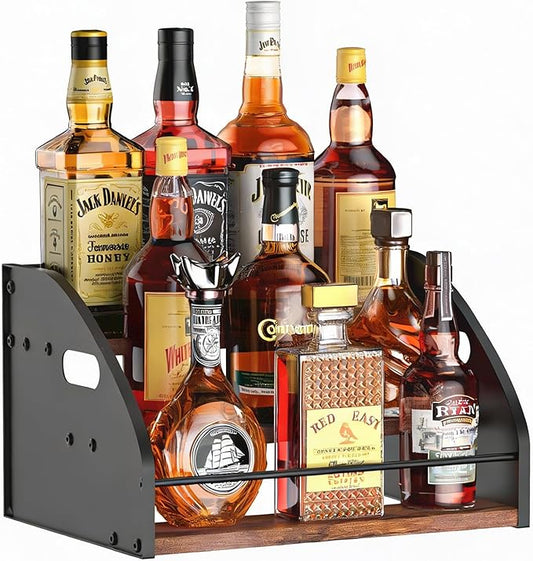 3-Tier Liquor Bottle Display Shelf, Exquisite Metal Design, Extra Large Bar Organizer for The Home Bar, Countertop Wine Rack with Smooth Handles, Retro Bar Shelf Stand for Whiskey, Spirits