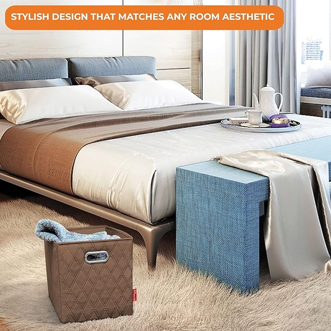 FH Group JIAessentials 13" Faux Leather Foldable Storage Cube Bins Set of 2 – Brown Diamond Patterned Organizers with Handles for Closet & Shelves