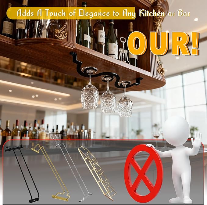 Under Cabinet Wine Glass Rack/Stemware Holder, 15.35 inch Glass Storage Hanger Organizer, for Kitchen and Bar, 2 Pack (Black)