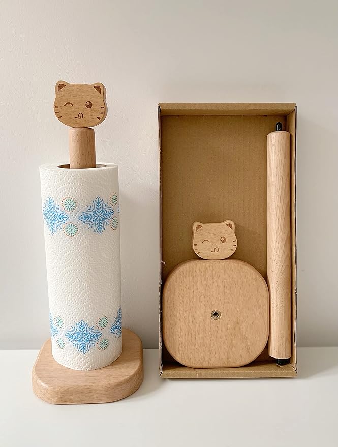 Cute Paper Towel Holder, Wooden Kitchen Roll Stand Organizer Free Standing, Housewarming Gift Present for Friends