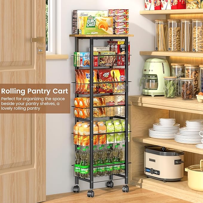 6 Tier Slim Storage Cart with Pull Out Basket, Wooden Top Rolling Kitchen Cart with Lockable Wheels, Metal Wire Fruit Vegetable Storage Basket Narrow Utility Organizer for Kitchen, Bathroom, Laundry