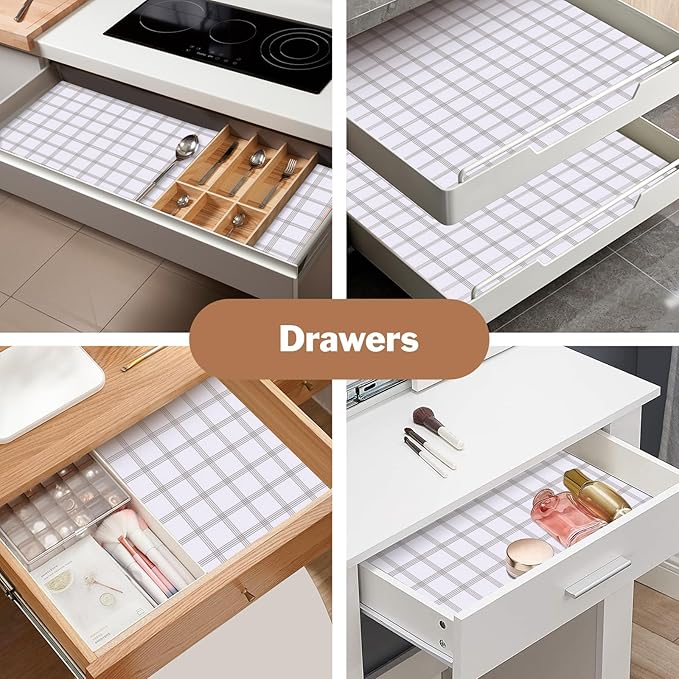 Shelf Liners for Kitchen Cabinets 17in x 20FT, Non Adhesive Drawer Liner White Square Thickened Shelf Liner Non-Slip Easy to Clean for Tool Box Refrigerator with Knife and Tape Measure