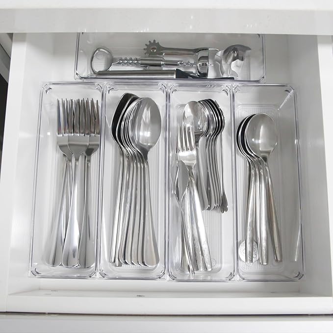 LotFancy 8 Pack Clear Plastic Drawer Organizers, Food Grade Storage Trays, Non-Slip Storage Bins for Kitchen Utensil, Silverware Cutlery, Bathroom, Office Desk, Makeup, Jewelry, 9.2''×3''×2''