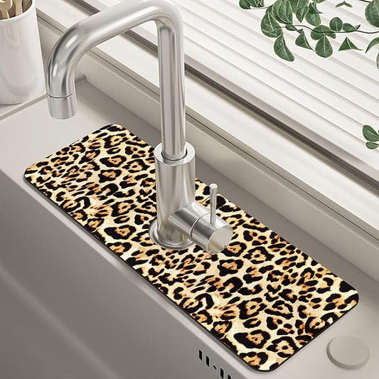 Abstract Brown Leopard Dish Drying Mat for Kitchen Sink Splash Guard Behind Faucet Sink Mat Absorbent Fast Drying Faucet Draining Mat for Bathroom Kitchen 5.5"×15"