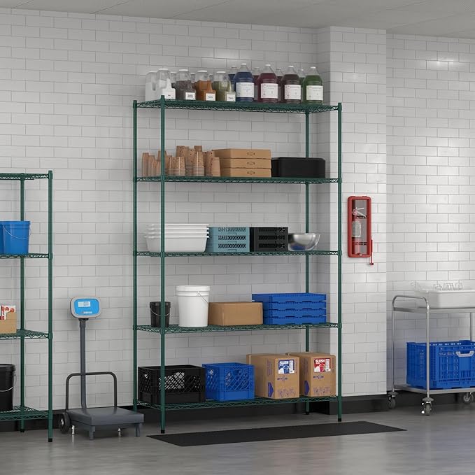 Commercial NSF Listed Green Epoxy Stationary Wire Shelving Kit 21" x 60" x 96", with 5 Shelves Perfect for Warehouse, Walk-in Refrigerator, Freezer, Grocery Store, Restaurant, Dishroom