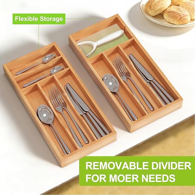 Bamboo Utensil Drawer Organizer with Removable Dividers, Kitchen Organizer for Flatware Cutlery, Silverware Tray for Drawer (5/4 Flexible Slots, Natural)