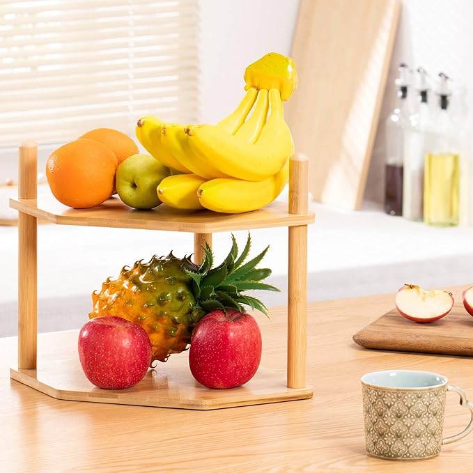 2 Pack 2-Tier Expandable Bamboo Corner Shelf - Dish/Plate Organizer for Cabinet, Kitchen Counter Shelf & Small Kitchen Shelf, Adjustable(2, 6.7" H)