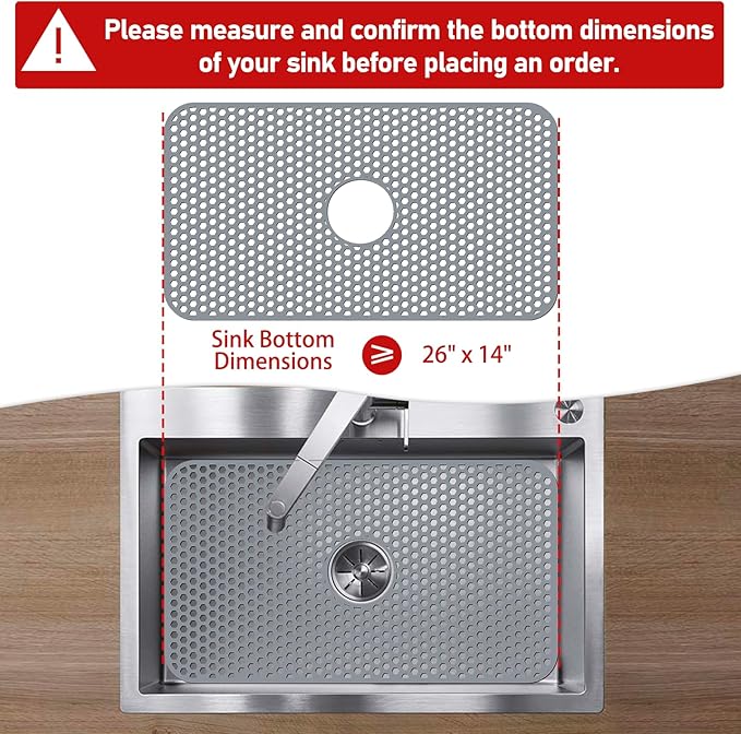 Bestjing Silicone Sink Mat, 26'' x 14'' Protectors for Kitchen Sink with Center Drain, Kitchen Protector Accessory, Non-Slip Grid Mat for Bottom of Farmhouse Porcelain Stainless Steel(Center Hole)