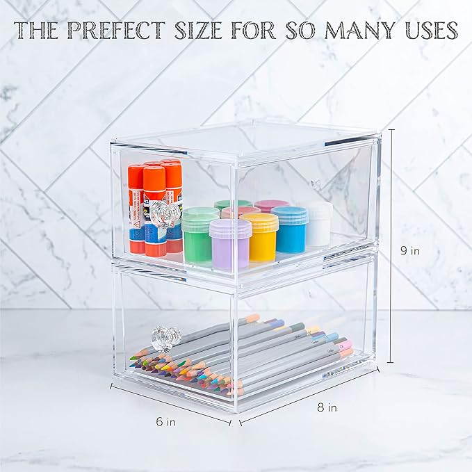 Oizeir Clear Drawer Organizers - Acrylic, Durable, Stackable, Pull-Out Drawer. Great for Medicine, Cosmetics, Makeup and Bathroom Organization. (4.5" High | 2-PACK)