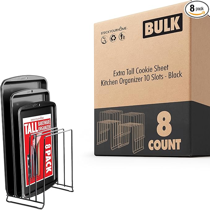 Stock Your Home Black (8 Pack) Extra Tall Steel Baking Pan Organizer Rack for Cabinet Storage or Kitchen Counter, Cookie Baking Sheet Organizer with Dividers, Muffin Tin and Cutting Board Holder
