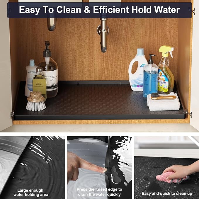 Under Sink Mat - 25" x 19" Waterproof Kitchen Cabinet Mat - Flexible Silicone Under Sink Liner - Kitchen Bathroom Cabinet Mat and Protector for Drips Leaks Spills (Black)