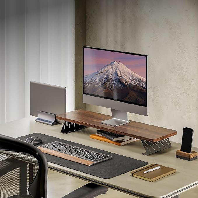 Fenge Monitor Stand Riser, Desk Top Shelf for 2 Monitors, Computer Stands for Desk, Wood & Steel Desktop Riser for Laptop, PC, Printer