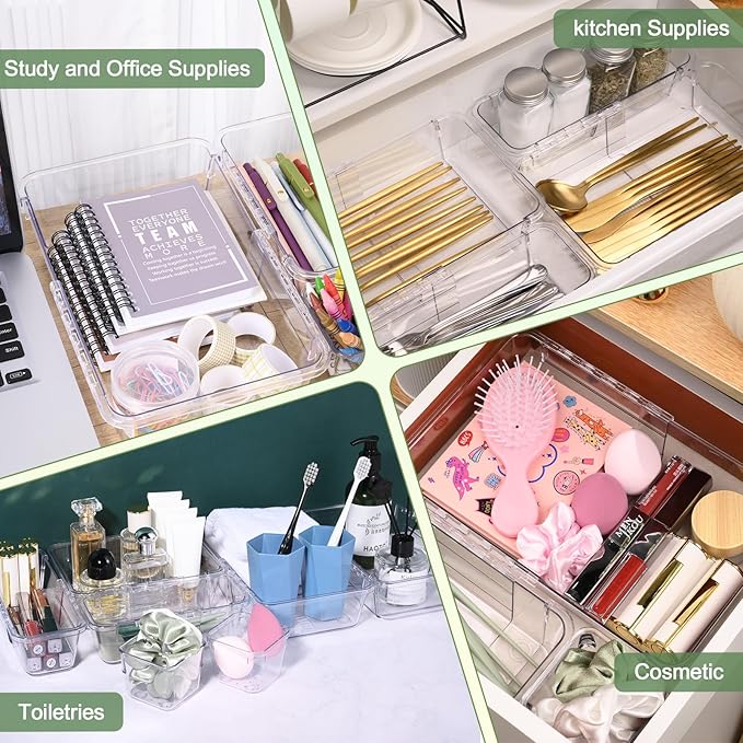 14 Pcs Clear Drawer Organizer, Adjustable Storage Bins (3 Sizes), Desk and Dresser Organizers for Makeup, Cosmetics, Kitchen Utensils, Bedroom, and Gadgets