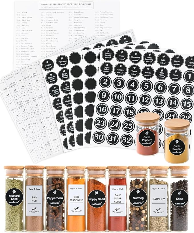 388 Pcs Spice Jar Labels Stickers Waterproof Preprinted Pantry Labels with Blank Label, Black & White Stickers for Kitchen Jars Food Containers Spice Organizers Storage Bins