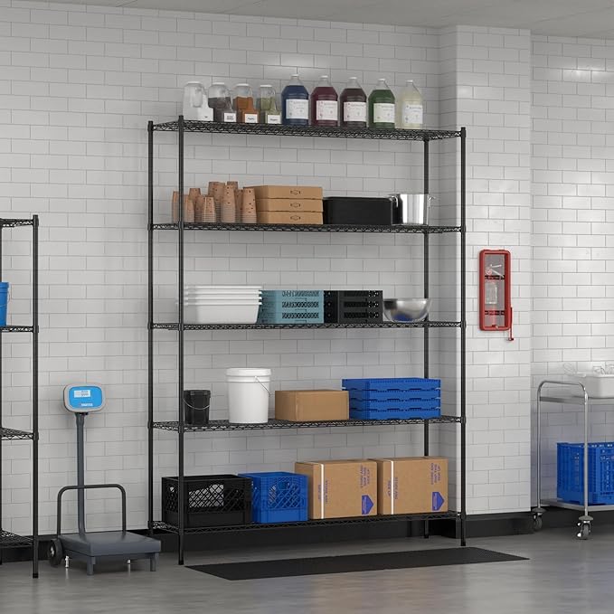 Commercial NSF Listed Black Epoxy Stationary Wire Shelving Kit 18" x 72" x 96", with 5 Shelves Perfect for Warehouse, Walk-in Refrigerator, Freezer, Grocery Store, Restaurant, Dishroom
