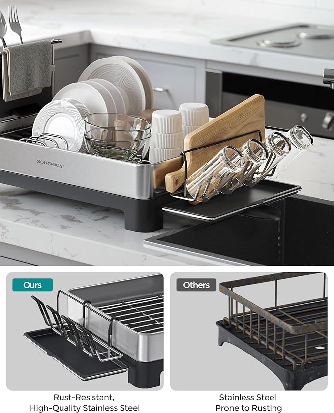 SONGMICS Dish Drying Rack, Premium Stainless Steel Dish Rack with Rotatable Spout, Fingerprint-Resistant Dish Drainers for Kitchen Counter, 12.5 x 22.5 in, Silver and Black UKCS030B01