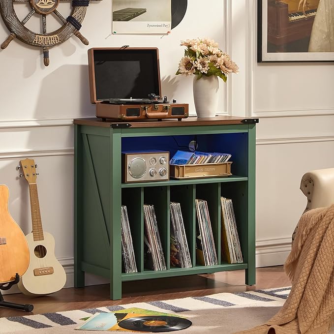 Large Record Player Table with Charger Station & LED Lights, Vinyl Record Storage Player Table up to 230 Albums, Turntable Stand with Display Shelf for Music Room Bedroom Living Room (Green)