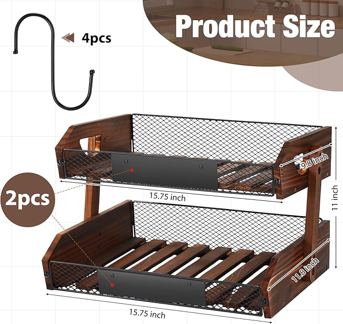 2 Tier Fruit Basket for Kitchen Counter Organizer with Banana Hangers Wooden Fruit Basket Kitchen Counter Storage Holder for Onion Potato Bread Vegetable Organize(15.75 x 11.8 x 10.6 Inches)