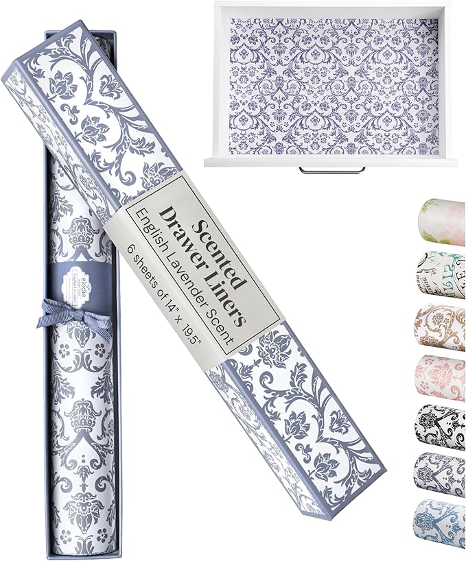 Elodie Essentials Drawer Liner Paper - 14" x 19.5", 6 Pack, Royal Damask, English Lavender - Non Adhesive Shelf Paper, Lavender Scented Drawer Liners for Bedroom Dresser, Home Gift Scented Sheets