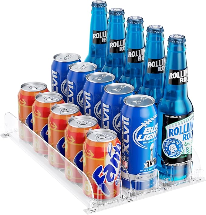 LAMU Drink Organizer for Fridge, Soda Can Organizer Dispenser for Refrigerator with Automatic Pusher Glide, Width Adjustable Clear Dividers, Can Holder for 6-20oz Beverage, 15''D x10''W, 3 Rows
