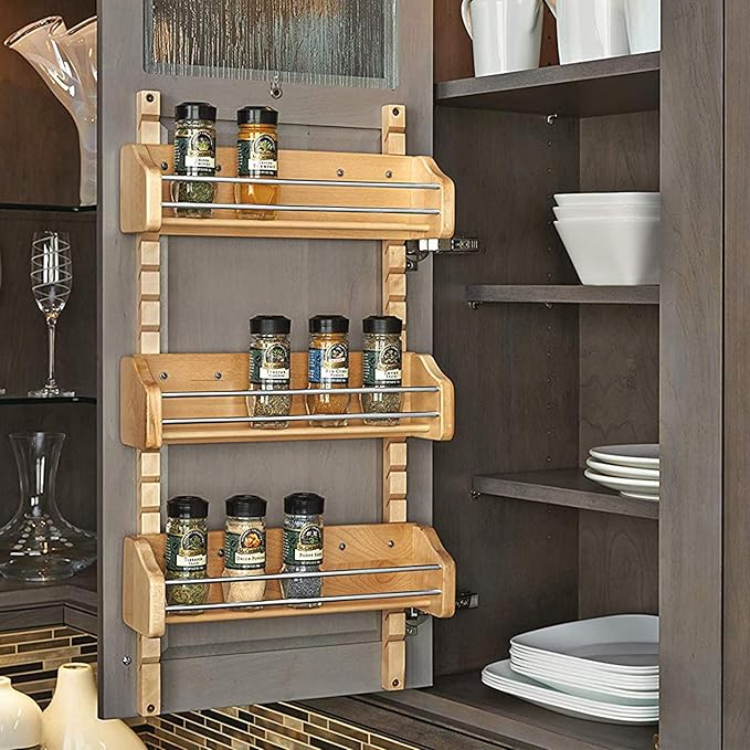 Rev-A-Shelf Pullout Wall Storage Organizer for Kitchen Cabinets, Sliding Door Mounted Spice Rack with 3 Adjustable Shelves, Maple Wood, 4ASR-15