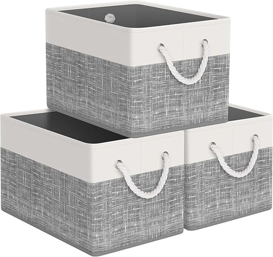 Storage Bin,Collapsible Storage Basket For Organizing,Large Storage Boxes With Rope Handles,Storage Containers,White & Grey,3 Pack
