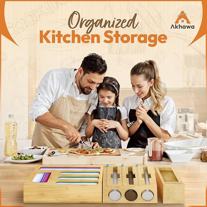 Storage Bag Organizer for Kitchen Drawer and Wall - 9 in 1 Baggie Organizer for Foil and Plastic Wrap with Cutter - Measure Drawer Height Before Purchasing