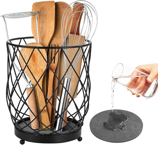 MACEVIA Utensil Holder for Kitchen Counter, Large Black Metal Organizer with Diatomaceous Earth Base, 6.3" x 5" x 7.5", Countertop Storage for Spoons, Spatulas and Cooking Utensils