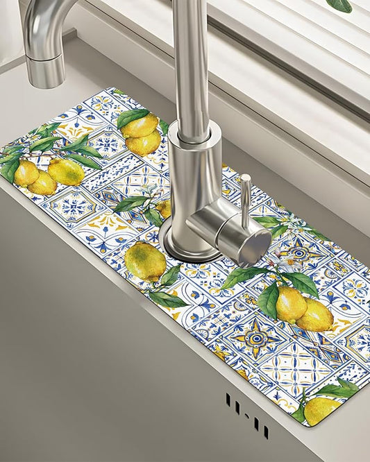 Patterned Sink Faucet Mat Kitchen Splash Guard Super Absorbent Drying Mat, Non-Slip Drain Pad for Kitchen Counter or Bathroom-15x5.5in