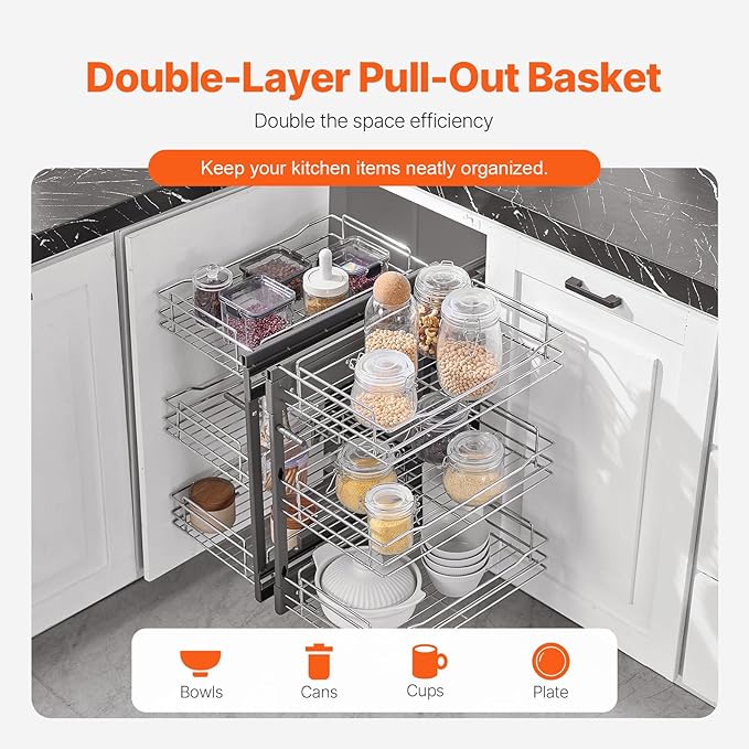Happybuy Min Opening Blind Corner Pull Out Organizer,Left & Right Open Compatible,15" W,3-Tier 6 Shelf Kitchen Cabinet Organizer, Chrome Carbon Steel Storage Basket, Slide Out Storage Organizer