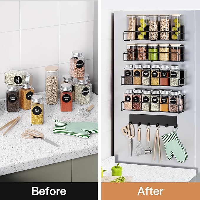 Mystozer 5-Pack Moveable Magnetic Spice Rack Organizer With 6 Hooks for Refrigerator, Metal Fridge Shelf, Black
