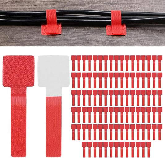 M METERXITY 100-Pack Hook and Loop Cable Ties, 3.5 x 1.1 Inch Enhanced Self-Adhesive Cord Organizer for Desk/Home/Wall/Office Essentials, Cable Management Under Desk [Red]
