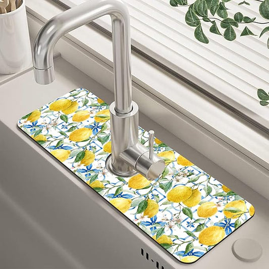Yellow Lemons and Blue Tiles Sink Faucet Absorbing Mat Splash Guard Behind Faucet Sink Mat Absorbent Fast Drying Faucet Draining Mat for Bathroom Kitchen 5.5"×15"