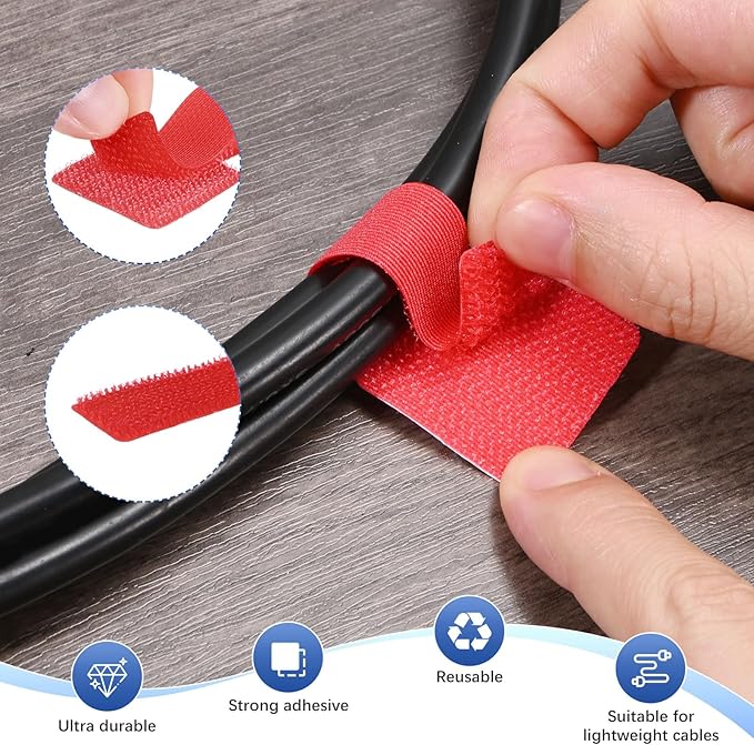 M METERXITY 100-Pack Hook and Loop Cable Ties, 3.5 x 1.1 Inch Adjustable Self-Adhesive Cord Organizer for Desk/Home/Wall/Office Essentials, Cable Management Under Desk [Red]